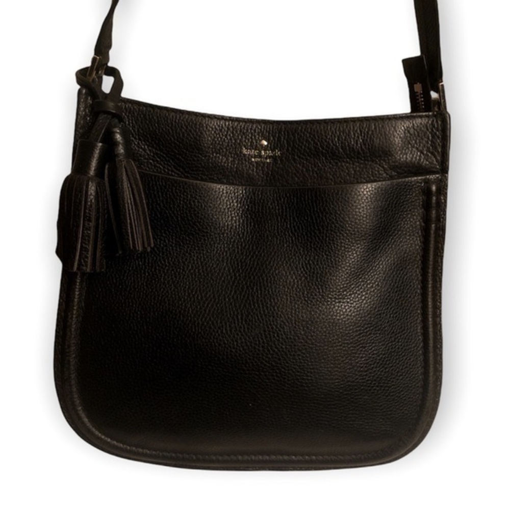 Kate spade black pebbled leather tassel messenger crossbody bag